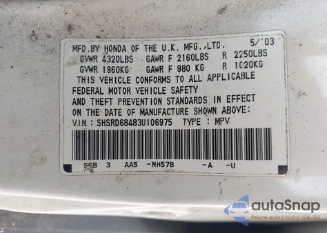 2003 Honda Cr-V Lx from USA, damaged, VIN SHSRD68483U106975